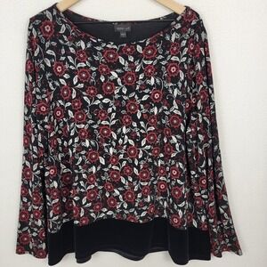 J Jill Wearever Floral Knit Top Womens XL Black Velvet Hem Whimsigoth Romantic